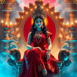 An enchanting apsara, radiating a beautiful divine glow with luminous shining skin, dressed in an exquisite red saree