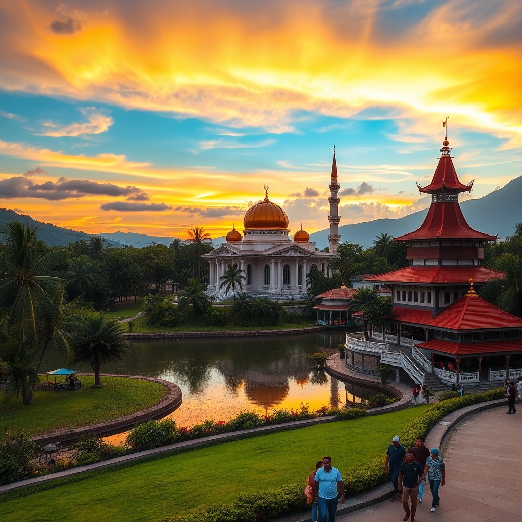 A stunning view of Brunei's landscape, featuring the iconic Sultan Omar Ali Saifuddien Mosque with its golden dome, surrounded by tropical greenery and a serene water reflection
