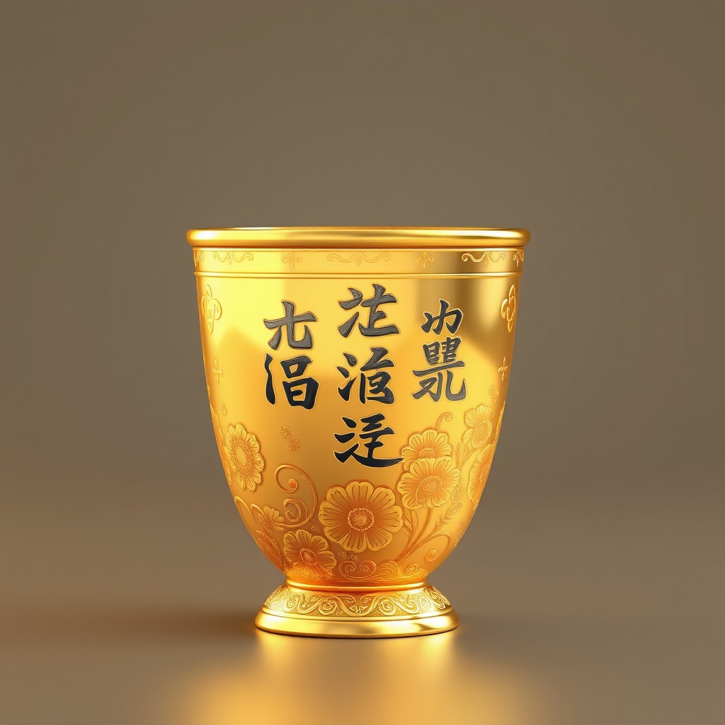 A stunning 3D representation of a luxurious gold cup, intricately designed