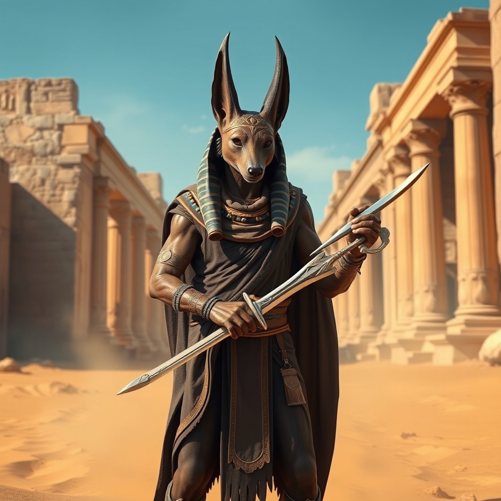 A humanoid creature resembling Anubis, characterized by a jackal-like head, cloaked in ancient Egyptian attire