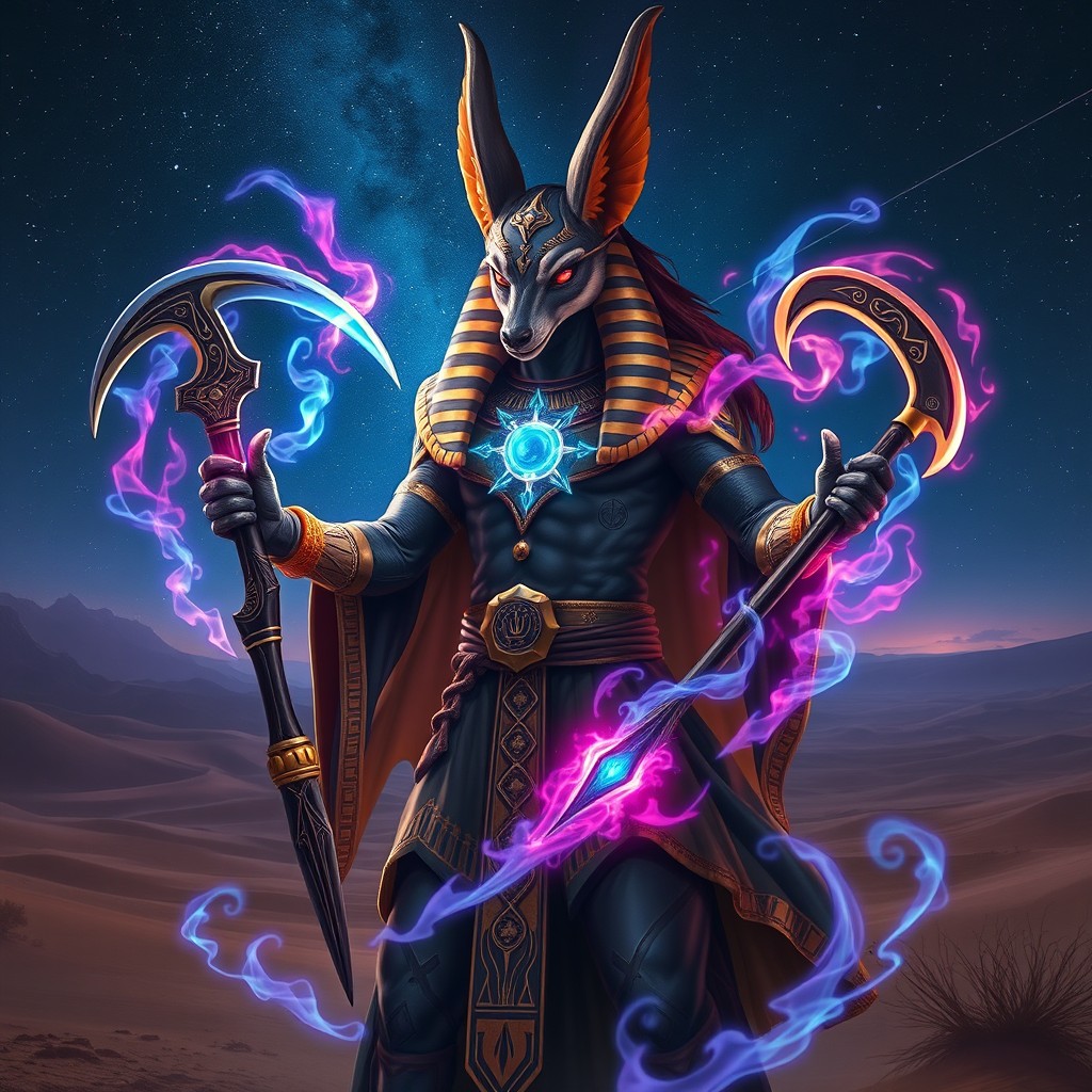 A humanoid creature resembling Anubis, featuring a jackal-like head and dressed in ornate ancient Egyptian robes