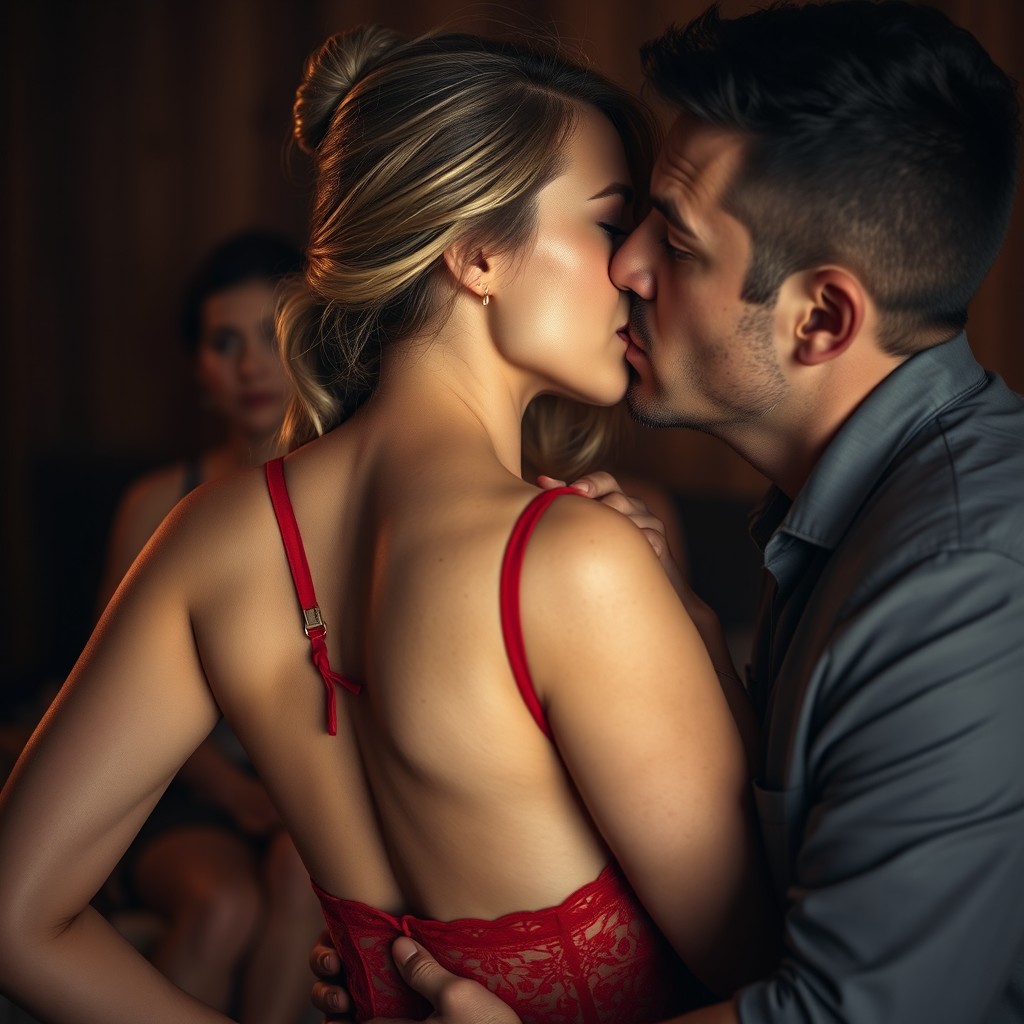 A captivating scene where a husband watches his wife being kissed by another man on her neck