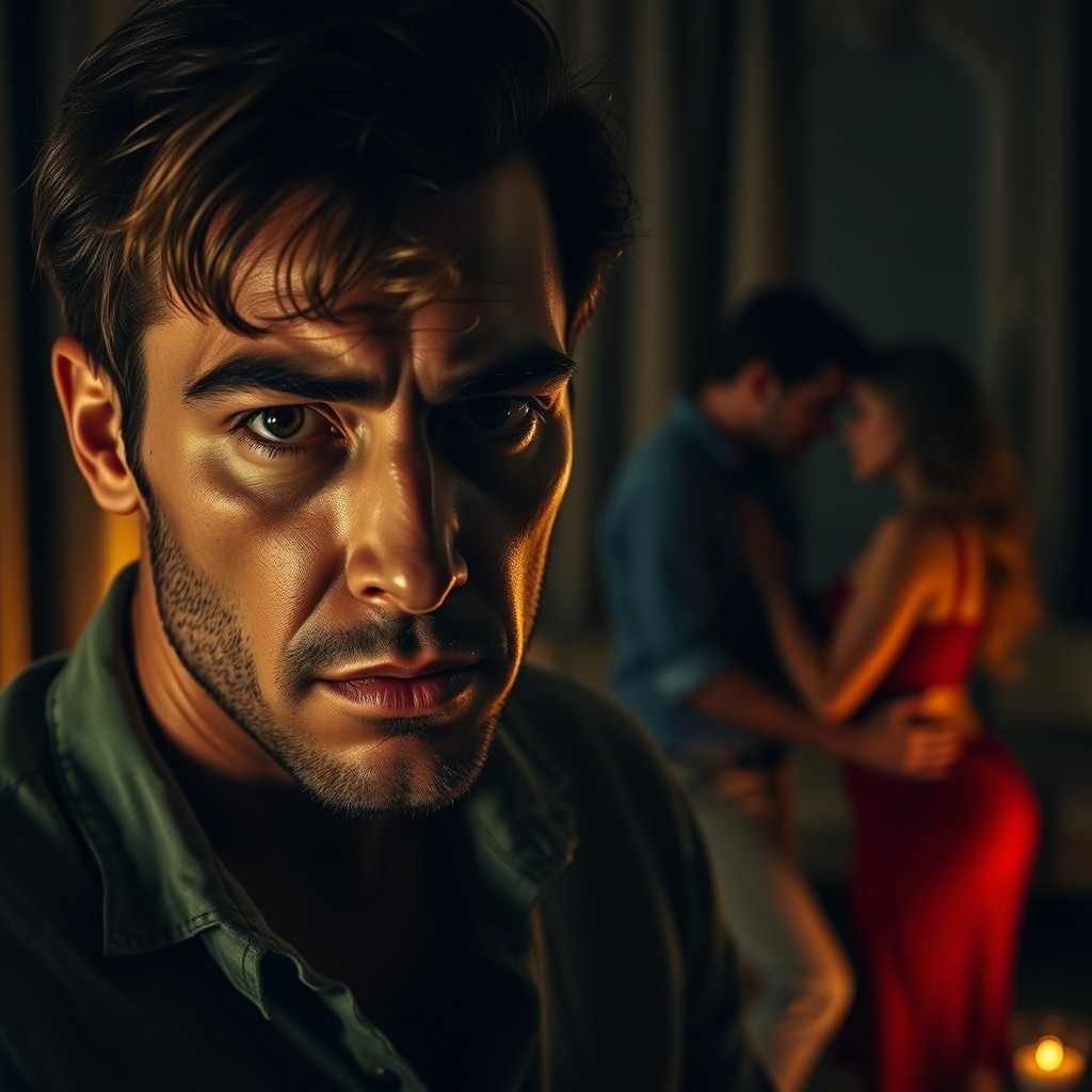A dramatic and emotional scene portraying a cuckold scenario, focusing on the facial expressions of the main character who feels a mix of humiliation and intrigue