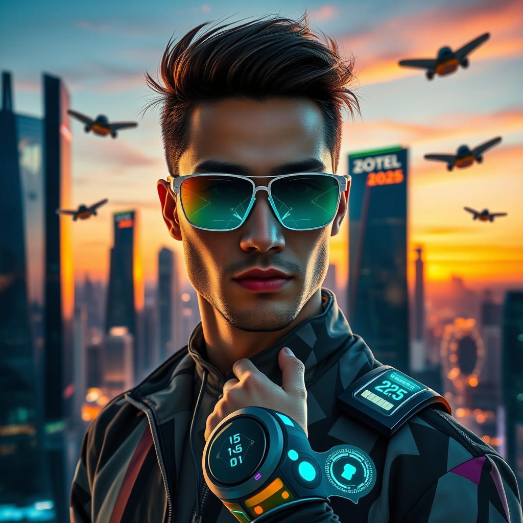 A futuristic portrait of a man in the year 2025, showcasing advanced technology and modern fashion trends