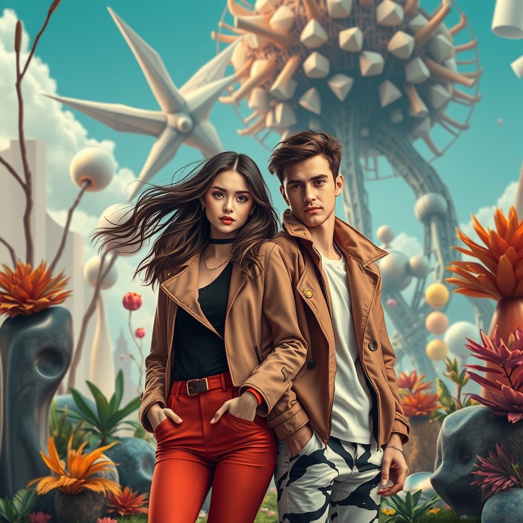 A beautiful girl and a handsome man in a modern art-inspired novel world