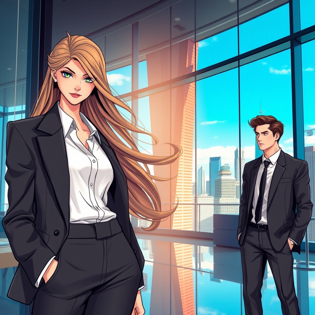 An awesome girl with striking features and a confident attitude standing next to a handsome CEO in a modern novel world, showcasing a sleek and stylish office environment