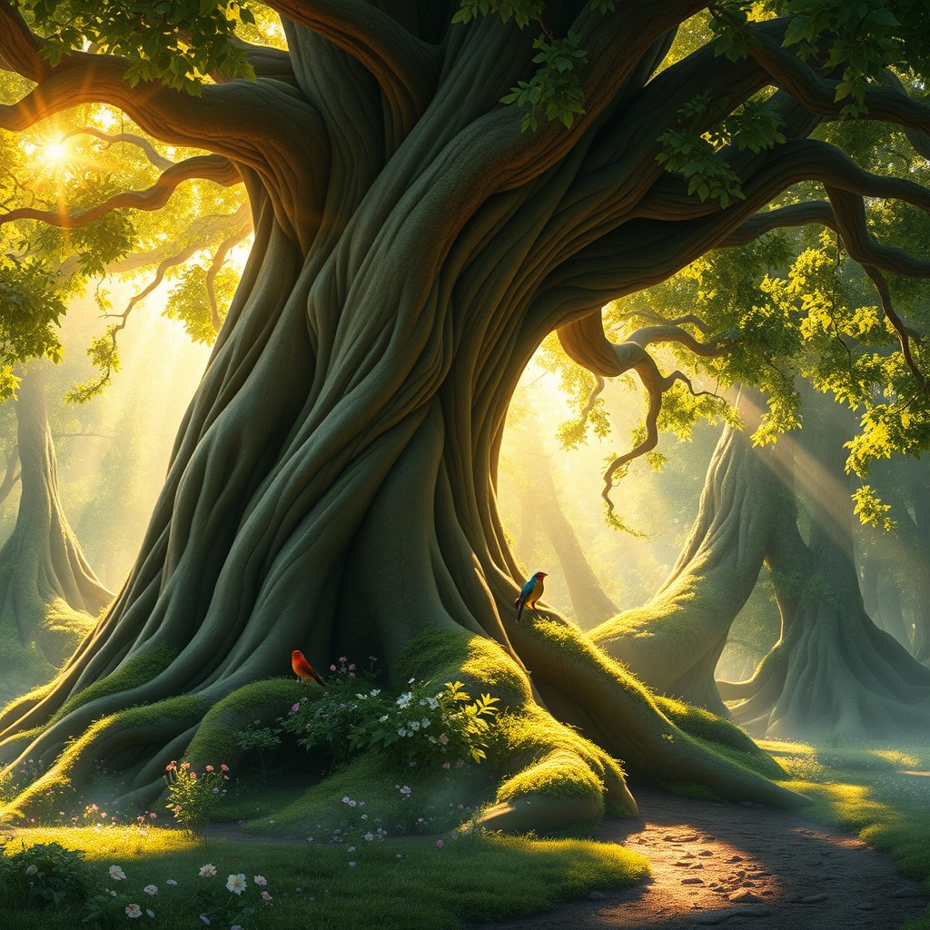 A magnificent and enchanting huge tree, with a thick, twisting trunk and vibrant green leaves, basking in the golden sunlight