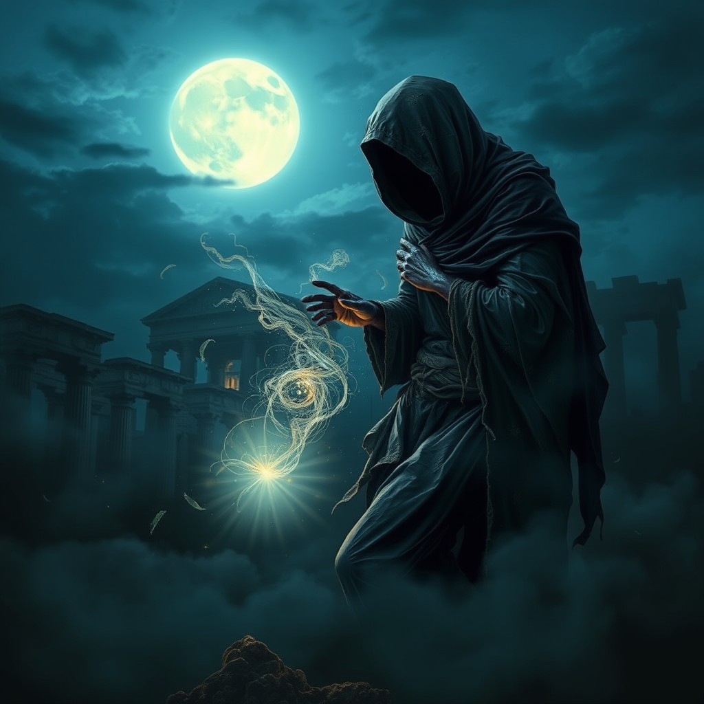 A mysterious and shadowy figure known as a 'prayer thief', depicted cloaked in tattered garments, hovering amidst swirling dark mist