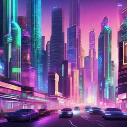 A technologically advanced city with futuristic design elements. The city is blanketed by a diversified spectrum of neon lights, reflecting off towering skyscrapers. Hovering vehicles smoothly navigate through the brightly lit streets.