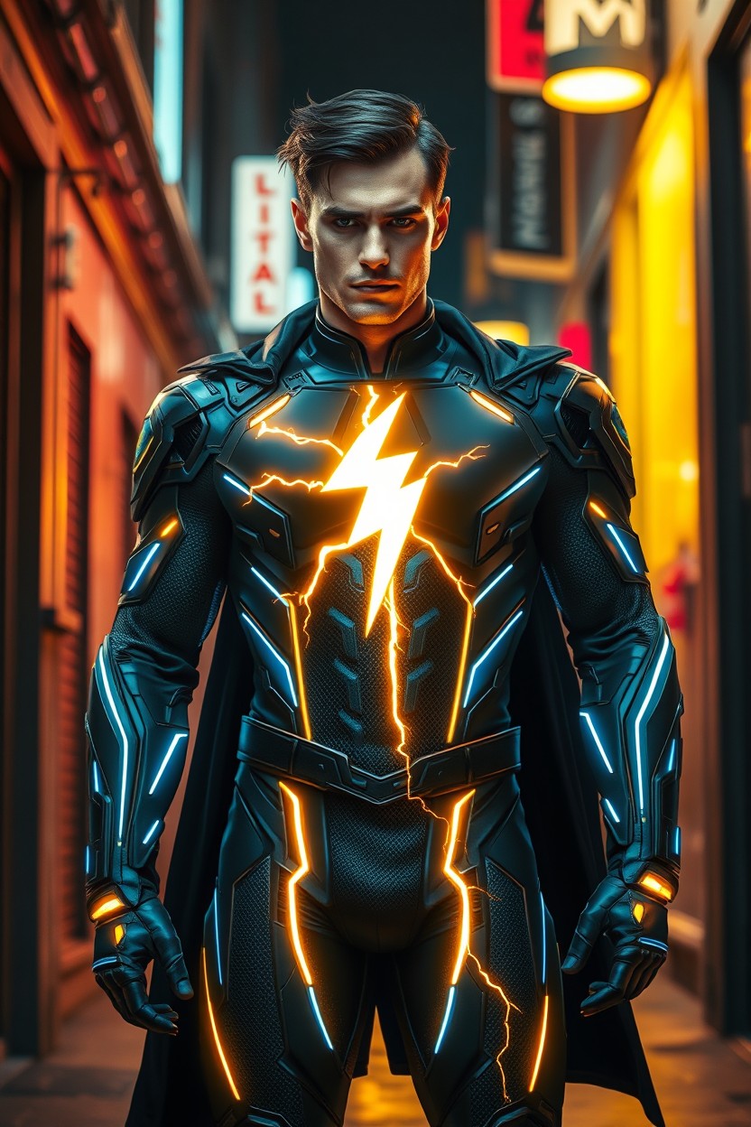 A powerful superhero stands in a neon-lit cyberpunk alley at night, embodying a modern god of thunder