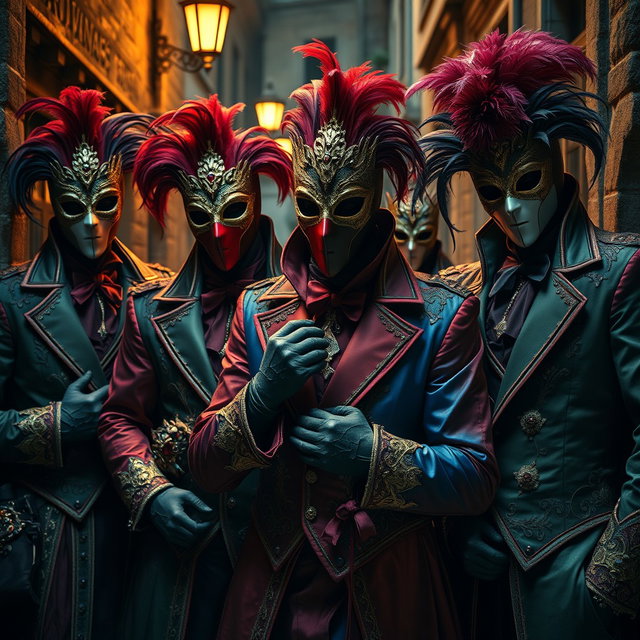 A chilling scene depicting a group of male kidnappers dressed in extravagant Venetian carnival outfits