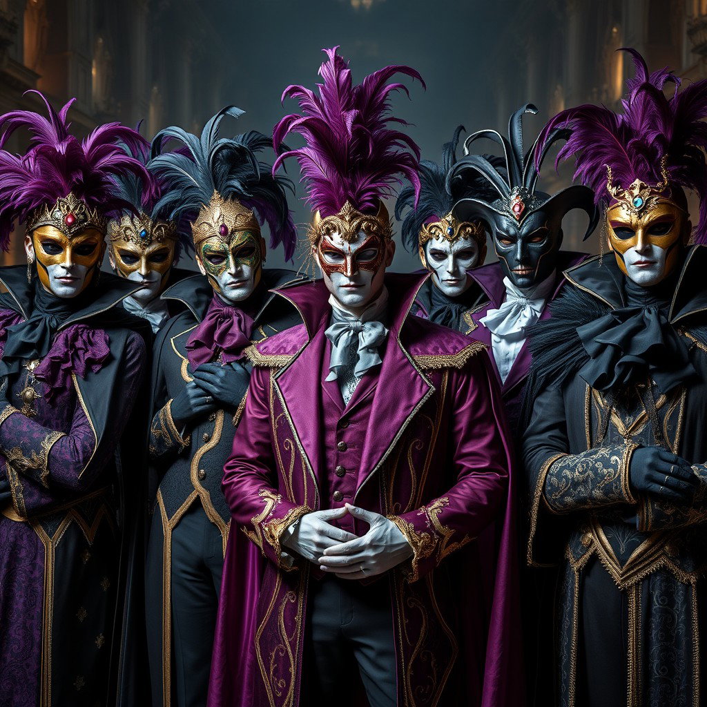 An imposing gathering of male supervillains clad in elaborate Venetian carnival outfits, each showcasing a unique and extravagant style