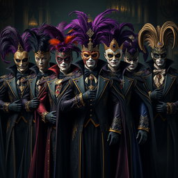 An imposing gathering of male supervillains clad in elaborate Venetian carnival outfits, each showcasing a unique and extravagant style