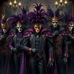 An imposing gathering of male supervillains clad in elaborate Venetian carnival outfits, each showcasing a unique and extravagant style