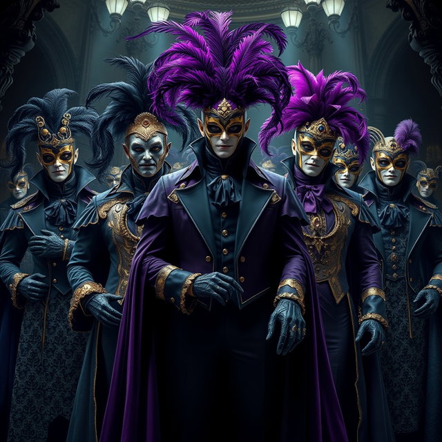 An imposing gathering of male supervillains clad in elaborate Venetian carnival outfits, each showcasing a unique and extravagant style