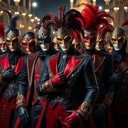 A striking assembly of male supervillains dressed in lavish Venetian carnival outfits, each showcasing a unique and opulent style