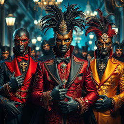 A striking assembly of male supervillains dressed in lavish Venetian carnival outfits, each showcasing a unique and opulent style