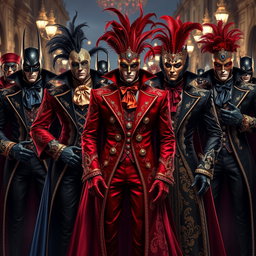 A striking assembly of male supervillains dressed in lavish Venetian carnival outfits, each showcasing a unique and opulent style