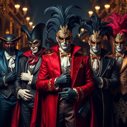 A striking assembly of male supervillains dressed in lavish Venetian carnival outfits, each showcasing a unique and opulent style