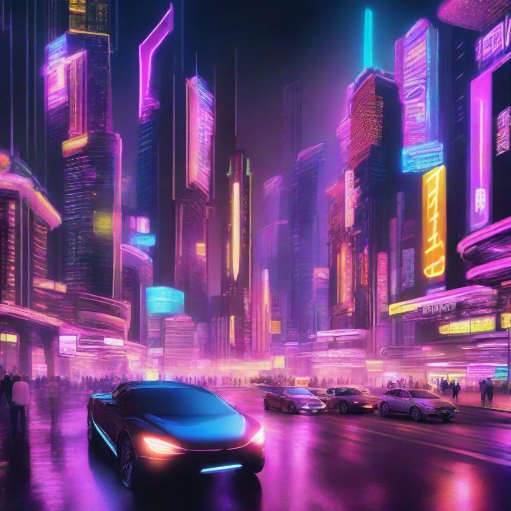 A technologically advanced city with futuristic design elements. The city is blanketed by a diversified spectrum of neon lights, reflecting off towering skyscrapers. Hovering vehicles smoothly navigate through the brightly lit streets.