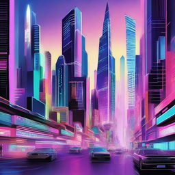 A technologically advanced city with futuristic design elements. The city is blanketed by a diversified spectrum of neon lights, reflecting off towering skyscrapers. Hovering vehicles smoothly navigate through the brightly lit streets.