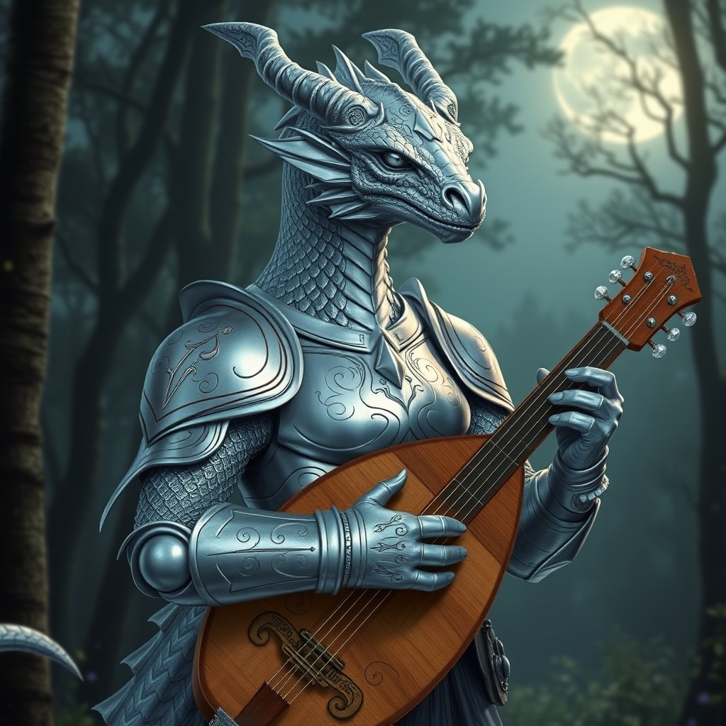 A male silver dragonborn bard, featuring striking silver scales with a majestic appearance, wearing intricately designed half plate armor that glints in the light
