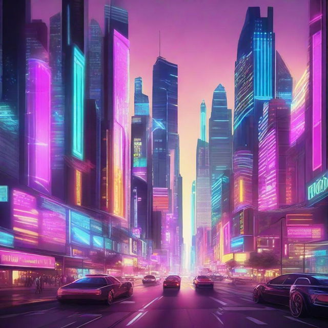 A technologically advanced city with futuristic design elements. The city is blanketed by a diversified spectrum of neon lights, reflecting off towering skyscrapers. Hovering vehicles smoothly navigate through the brightly lit streets.