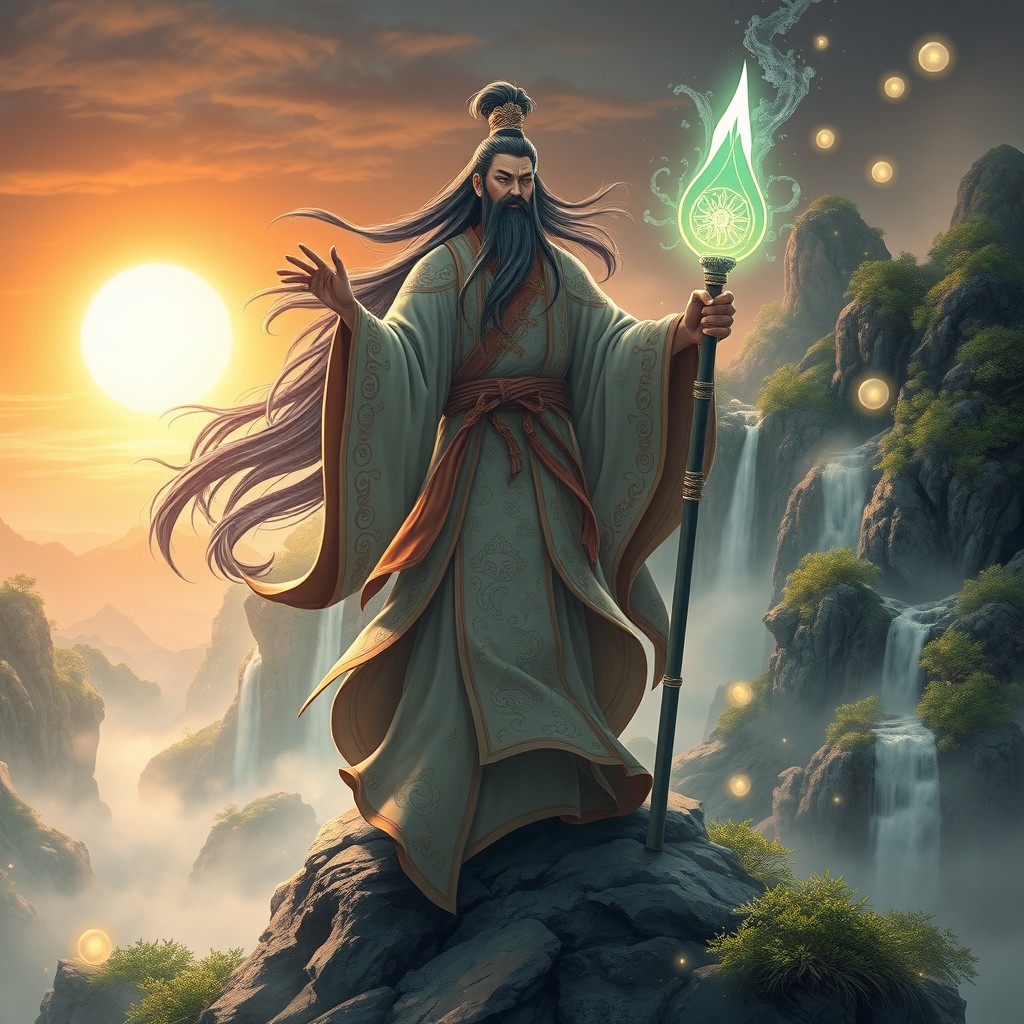 A majestic scene of an ancient cultivator, a wise and powerful figure in flowing robes adorned with intricate celestial patterns and symbols