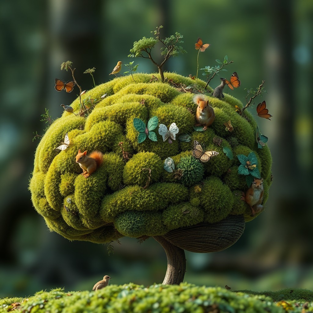 A human brain intricately covered with natural elements like vibrant green moss, tiny trees sprouting from its surface, and various woodland creatures such as squirrels, small birds, and butterflies integrated into the scene, creating a whimsical, harmonious blend of nature and human anatomy