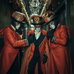 A dramatic and theatrical scene depicting a group of men dressed in elaborate Venetian carnival outfits, wearing ornately designed masks and stylish gloves