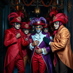 A dramatic and theatrical scene depicting a group of men dressed in elaborate Venetian carnival outfits, wearing ornately designed masks and stylish gloves
