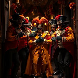 A dramatic and theatrical scene depicting a group of men dressed in elaborate Venetian carnival outfits, wearing ornately designed masks and stylish gloves