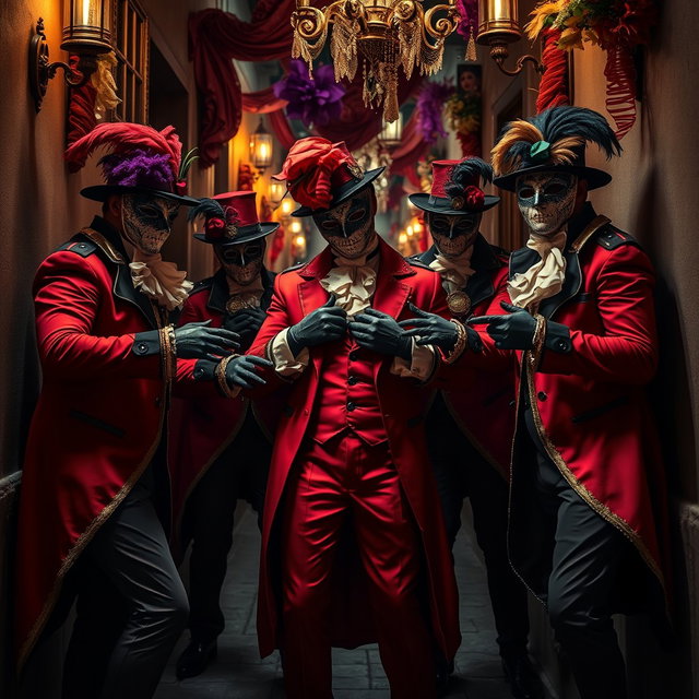 A dramatic and theatrical scene depicting a group of men dressed in elaborate Venetian carnival outfits, wearing ornately designed masks and stylish gloves