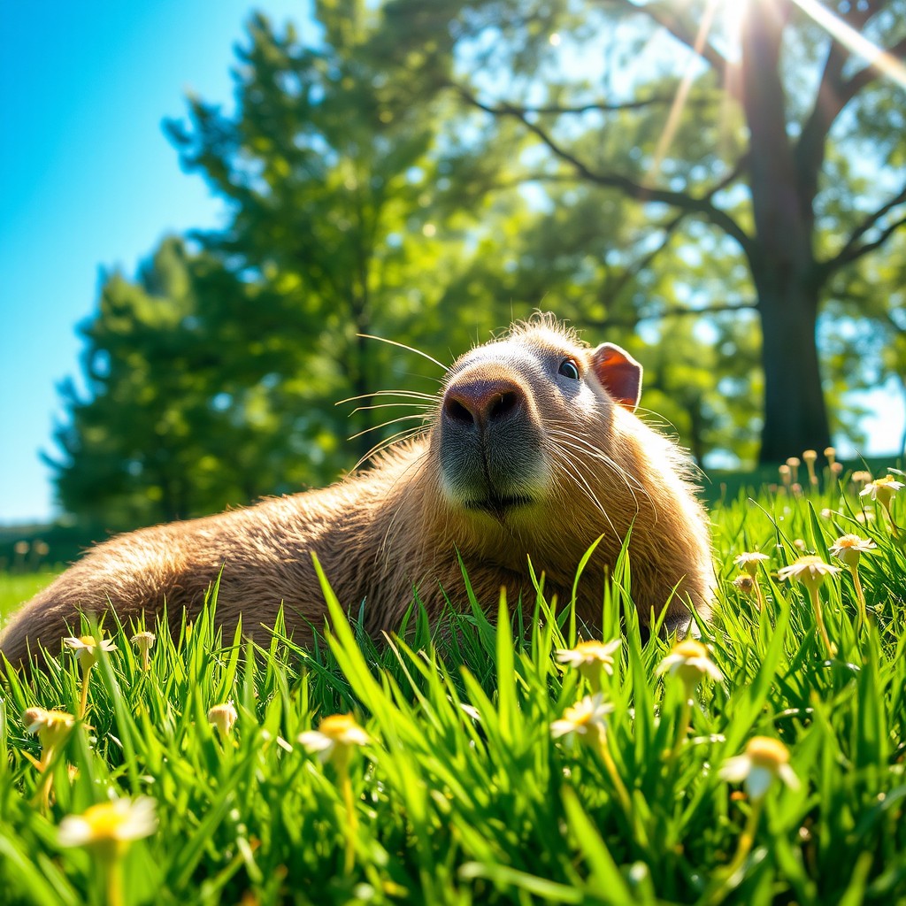 A serene scene showcasing a capybara lounging in the warm sunshine, surrounded by vibrant green grass and delicate wildflowers
