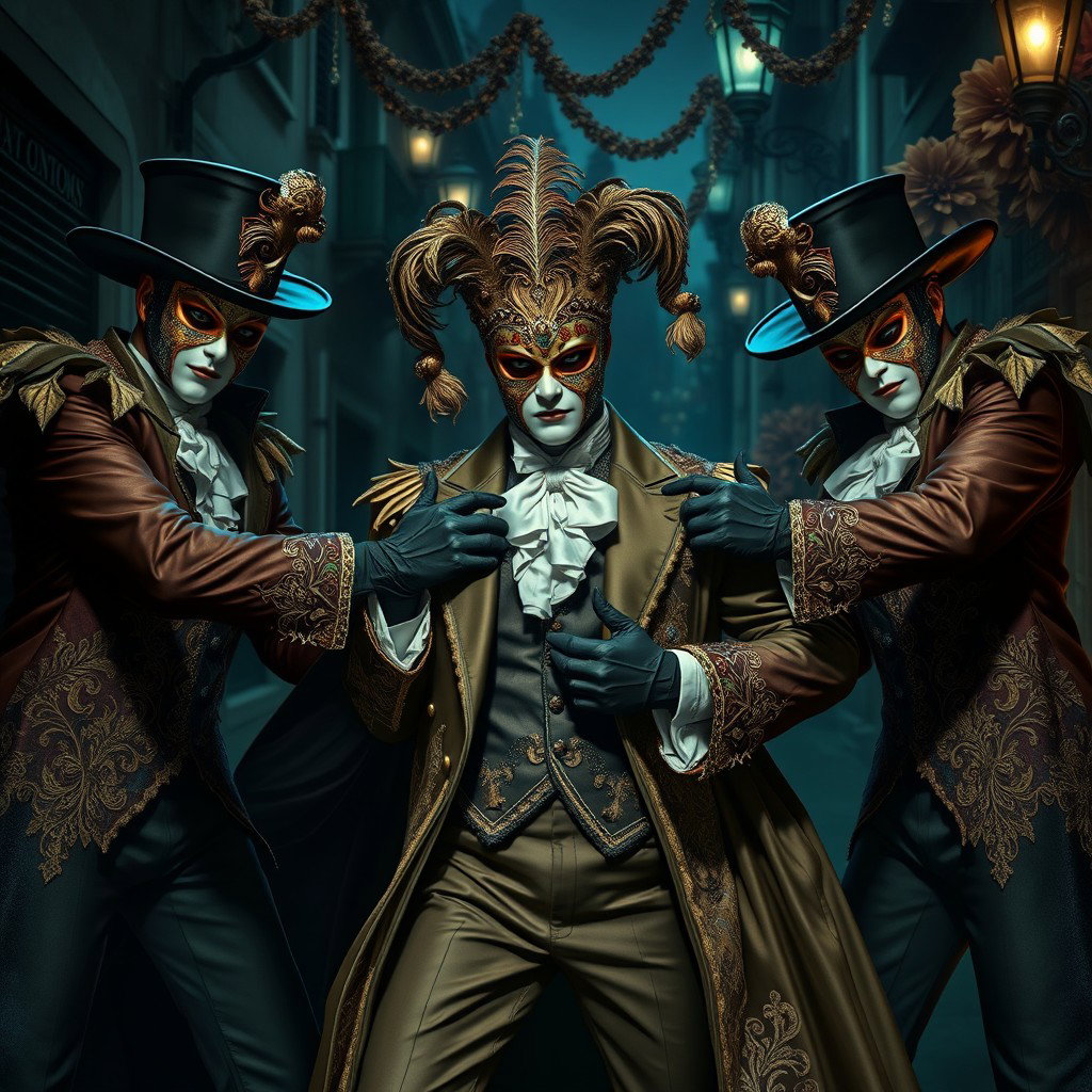A suspenseful and theatrical scene illustrating a group of men dressed in ornate Venetian carnival outfits, complete with intricately designed masks and elegant gloves