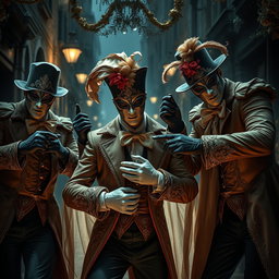 A suspenseful and theatrical scene illustrating a group of men dressed in ornate Venetian carnival outfits, complete with intricately designed masks and elegant gloves