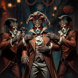 A suspenseful and theatrical scene illustrating a group of men dressed in ornate Venetian carnival outfits, complete with intricately designed masks and elegant gloves
