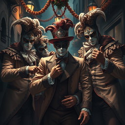 A suspenseful and theatrical scene illustrating a group of men dressed in ornate Venetian carnival outfits, complete with intricately designed masks and elegant gloves