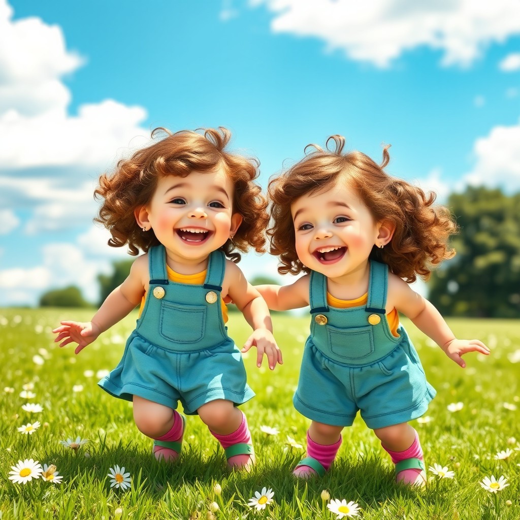 A heartwarming scene depicting identical twins with adorable brown curls, playing together joyfully in a sunny park