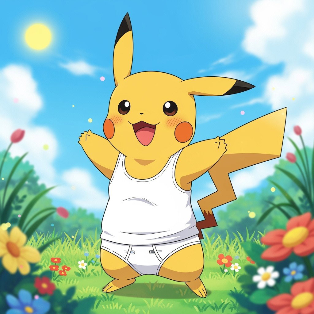 Pikachu, the beloved Pokémon character, illustrated in a cute and playful style, wearing a snug white tank top and white underwear