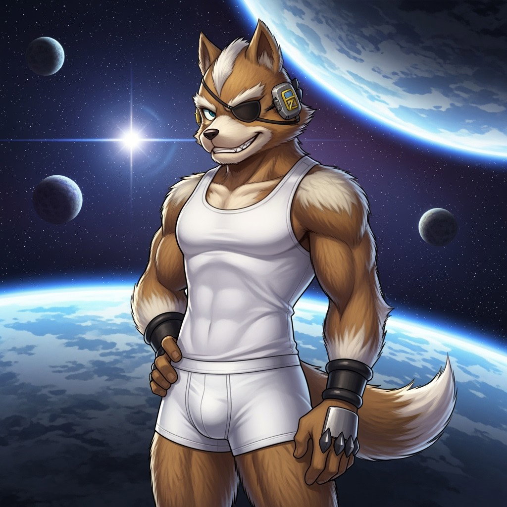 Wolf O'Donnell from Star Fox, depicted in a charismatic and bold style, wearing a snug white tank top and white underwear