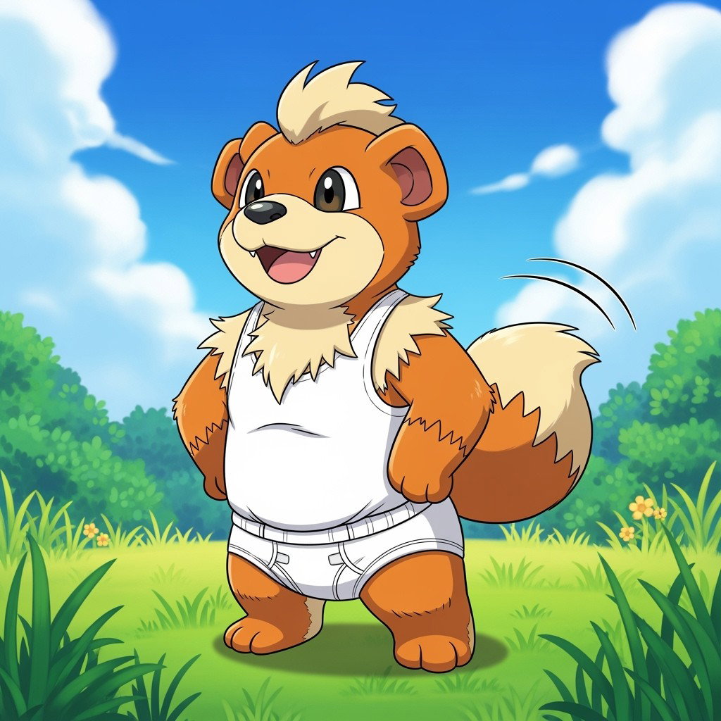A playful depiction of Growlithe, the Fire-type Pokémon, illustrated in a charming and cartoonish style