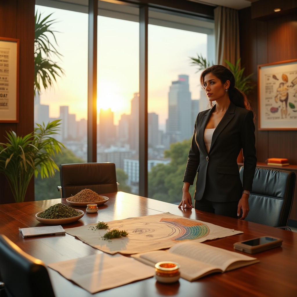 A powerful executive in a modern boardroom, surrounded by artifacts symbolizing ancient nutrition and wisdom