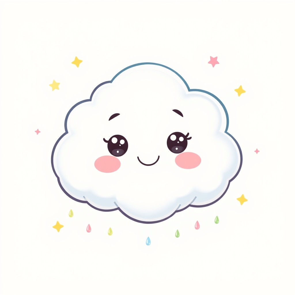 A cute, cartoon-style digital illustration of a fluffy, cartoonish cloud with a smiling face, big round eyes, and rosy cheeks