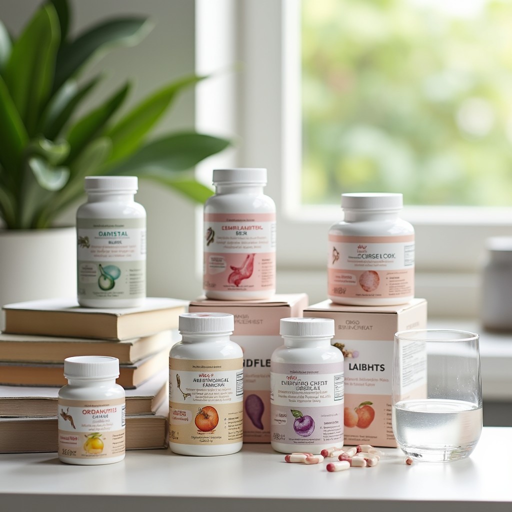 A collection of various organ supplements displayed on a clean, modern countertop