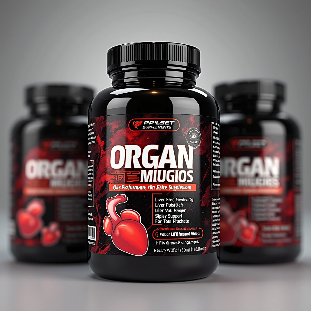 A detailed and visually appealing packaging design for a premium line of organ supplements tailored for elite athletes