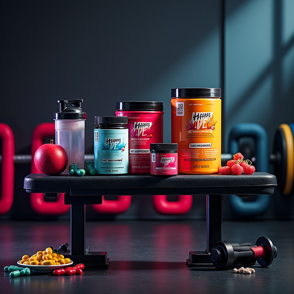 A visually striking arrangement of organ dietary supplements tailored for elite athletes, featuring an array of colorful capsules and powdered supplements