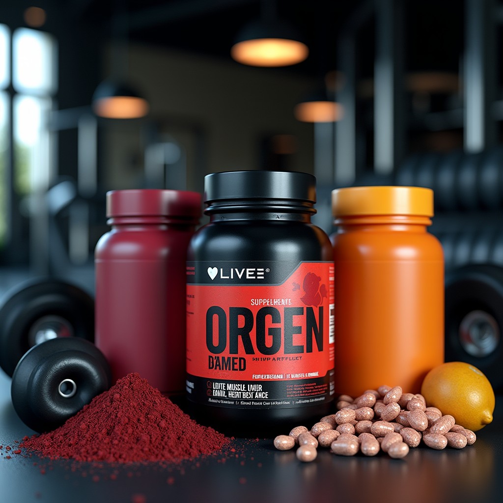 An appealing display of organ supplements for elite athletes, featuring a variety of supplements such as capsules and powders with labels emphasizing their benefits, like muscle recovery and endurance