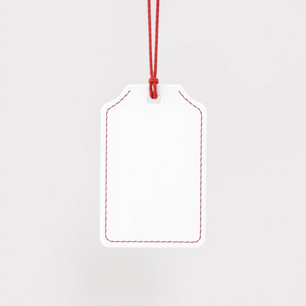A realistic 3D render of a hanging clothing tag featuring a stitched border, suspended from a red string at the top