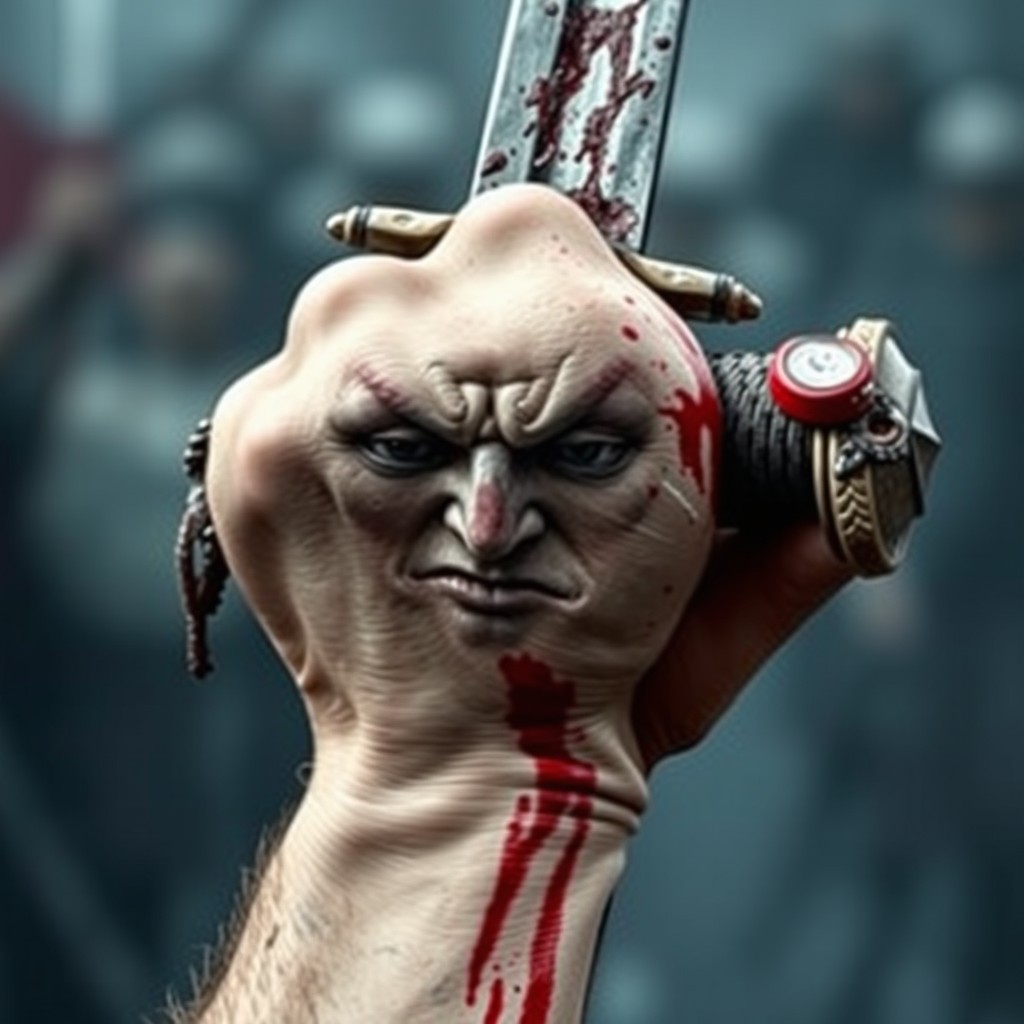 An image of a hand gripping a bloodied sword
